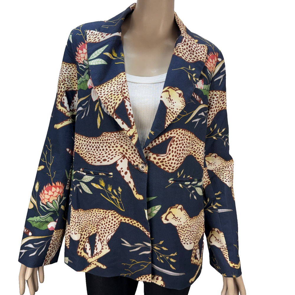 Las Surenas Women's Blazer‎ XL Navy Running Cheetah Print Cotton Linen